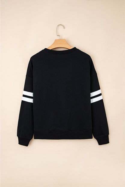 Coffee Preppy Striped Sleeve Loose Sweatshirt