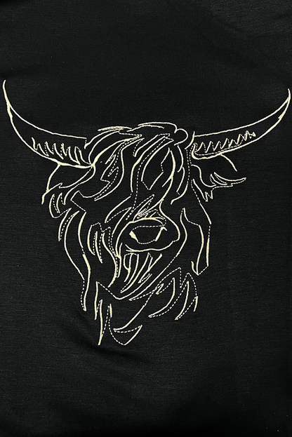 Black Vintage Bull Head Embroidered Pattern T Shirt