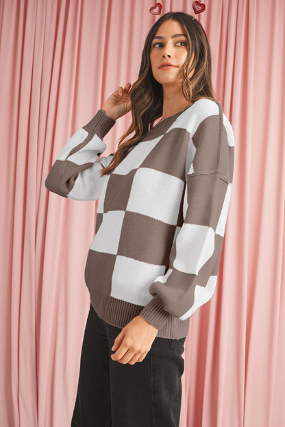 Dark Brown Plaid Bishop Sleeve Pullover Sweater