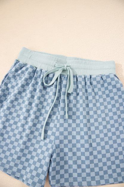 Brown Checkerboard Contrast Trim Long Sleeve Pullover and Shorts Set