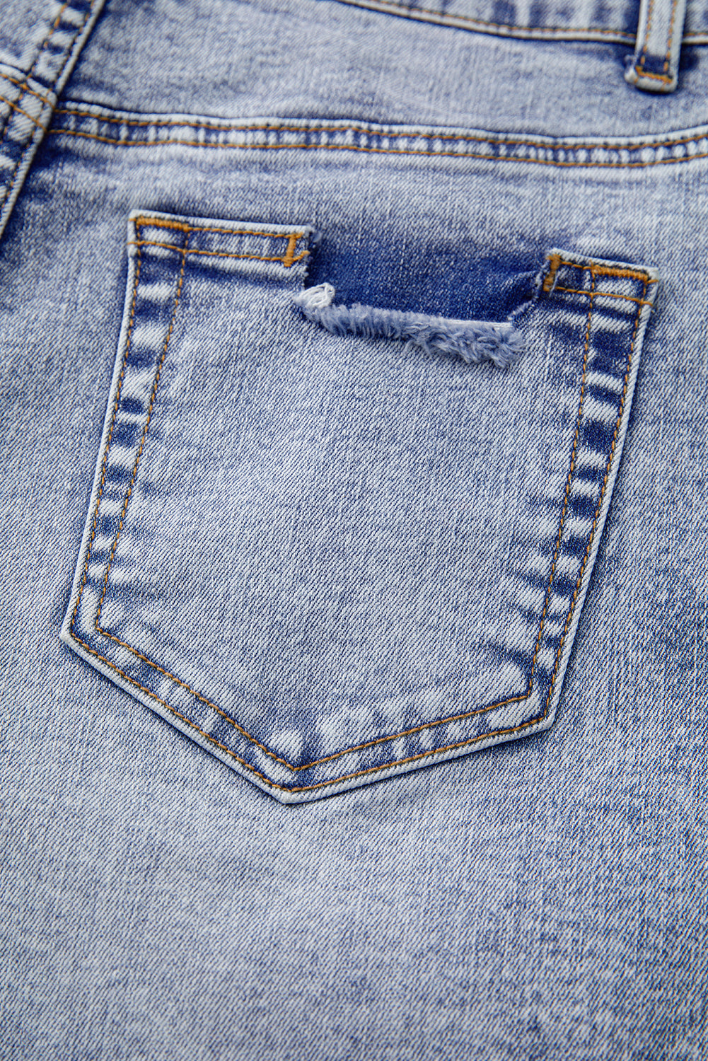 Beau Blue Pearl Studded Pocket Raw Hem Denim Shorts