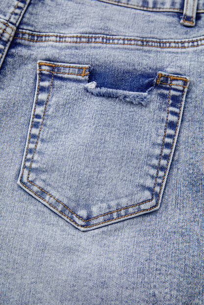 Beau Blue Pearl Studded Pocket Raw Hem Denim Shorts