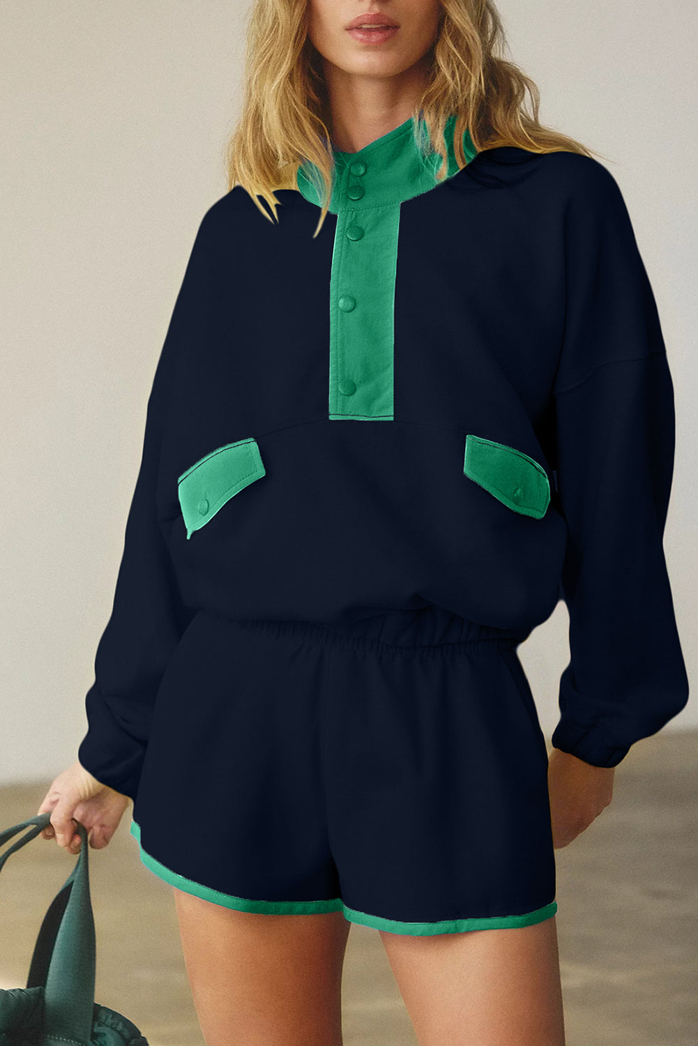 Black Colorblock Patchwork Half Button Pullover and Shorts Outfit