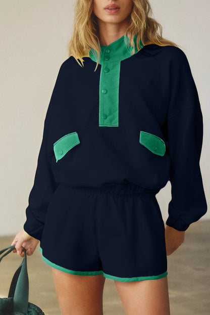 Black Colorblock Patchwork Half Button Pullover and Shorts Outfit