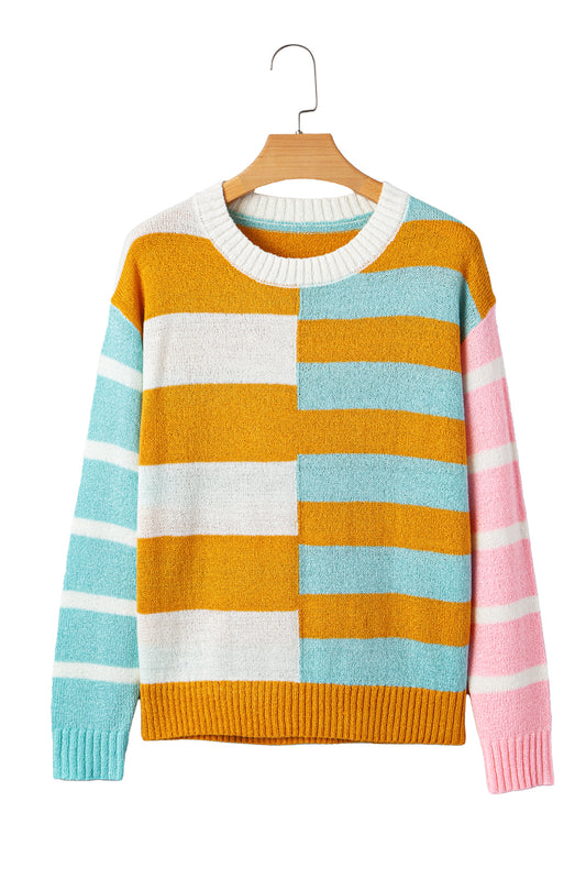Jurassic Gold Colorblock Striped Pullover Sweater