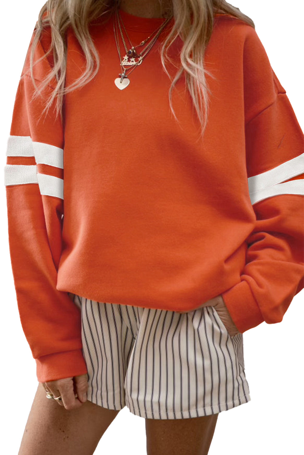 Coffee Preppy Striped Sleeve Loose Sweatshirt