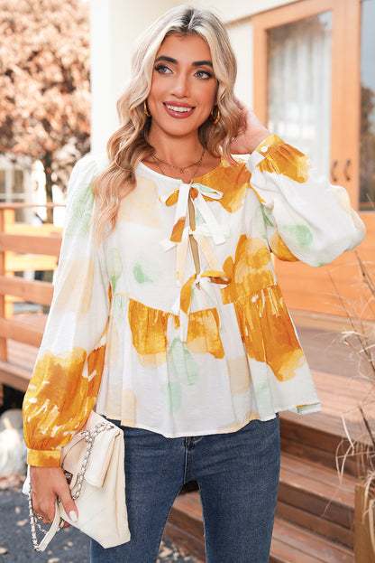 Carrot Abstract Print Bubble Sleeve Bow Front Top