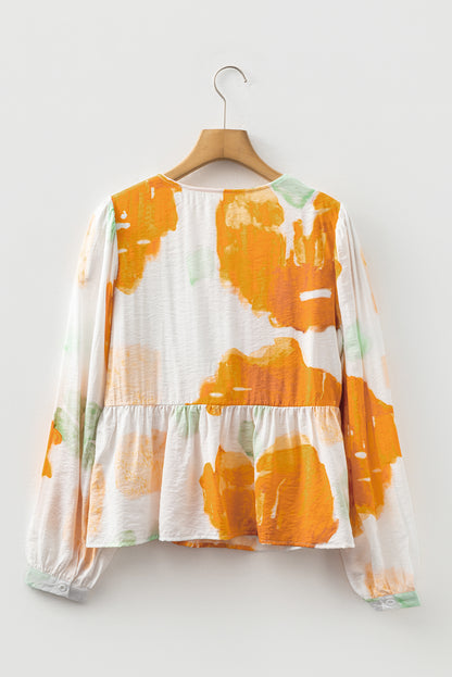 Carrot Abstract Print Bubble Sleeve Bow Front Top