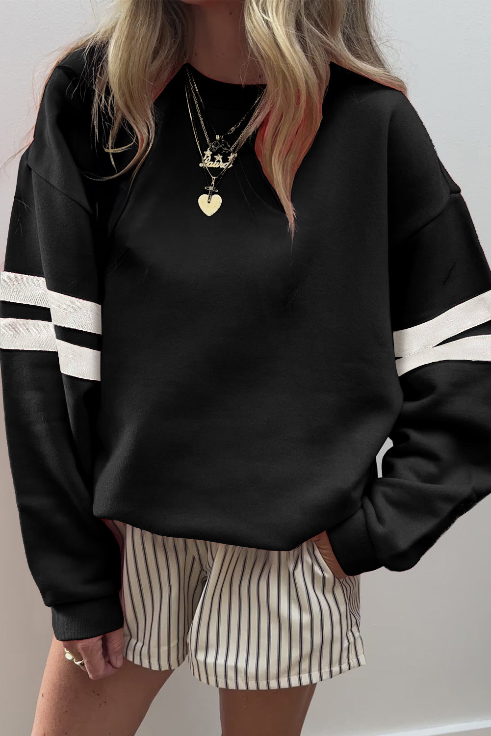 Coffee Preppy Striped Sleeve Loose Sweatshirt