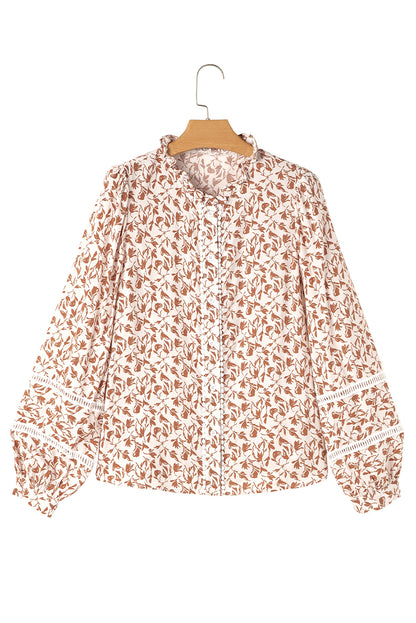 Yellow Printed Floral Print Lace Detail Puff Sleeve Shirt