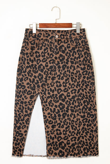 Brown Leopard Frayed Split Denim Midi Skirt