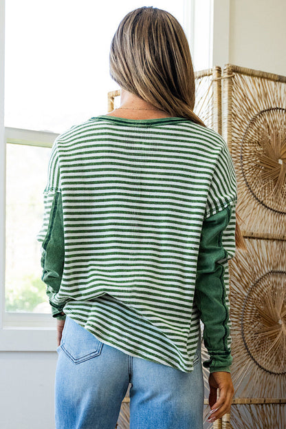 Black Stripe Patchwork Drop Shoulder Round Neck Top