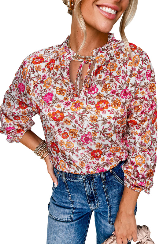 Pink Floral Print Tie Split Neck Bracelet Sleeve Blouse