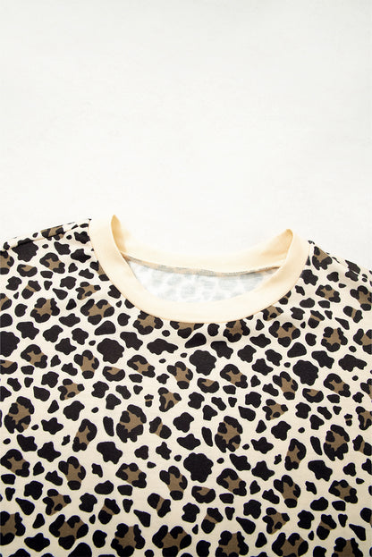 Brown Leopard Print Contrast Trim Two Piece Shorts Set
