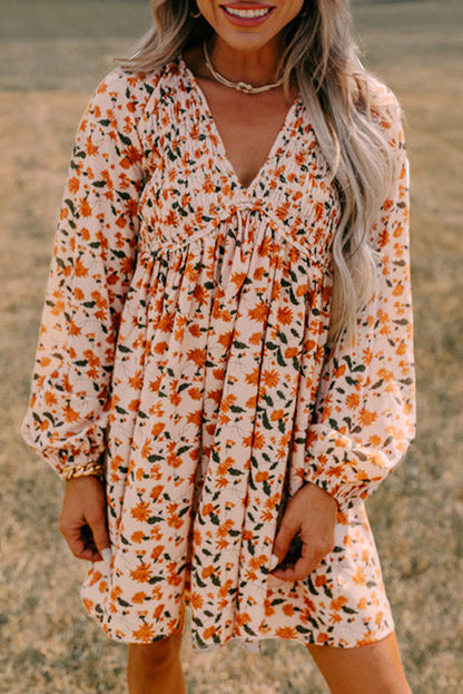 Black Floral Smocked V Neck Bubble Sleeve Babydoll Dress