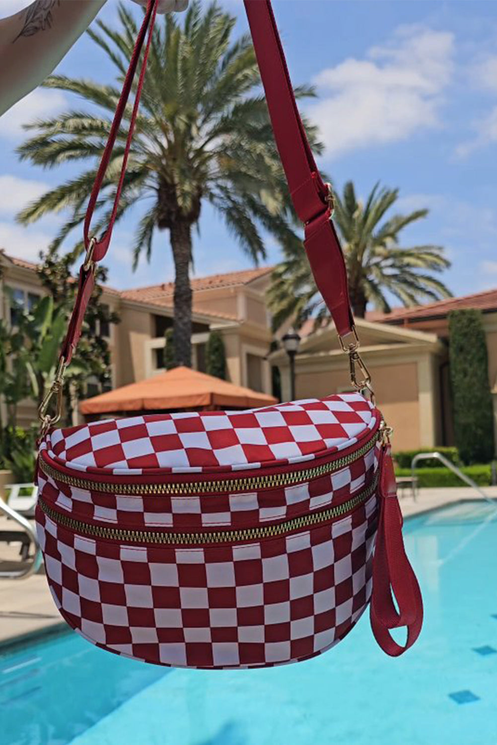 Chicory Coffee Checkered Print Wide Strap Large Crossbody Bag