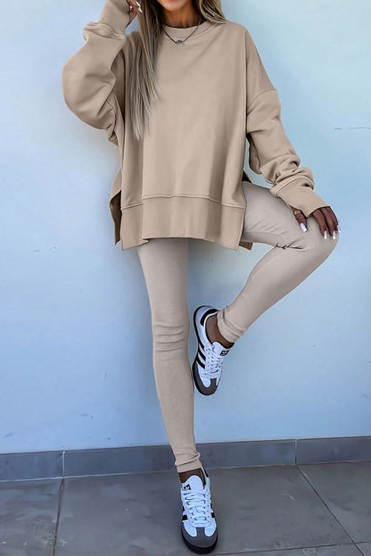 Jet Stream Solid Color Oversize Slit Sweatshirt Ribbed Leggings Set