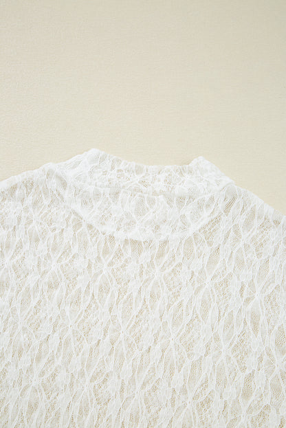 White Sheer Lace Bell Sleeve Mock Neck Blouse
