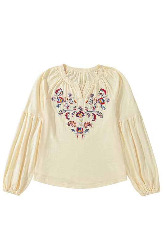 Apricot Paisley Floral Embroidered Notch V Neck Blouse