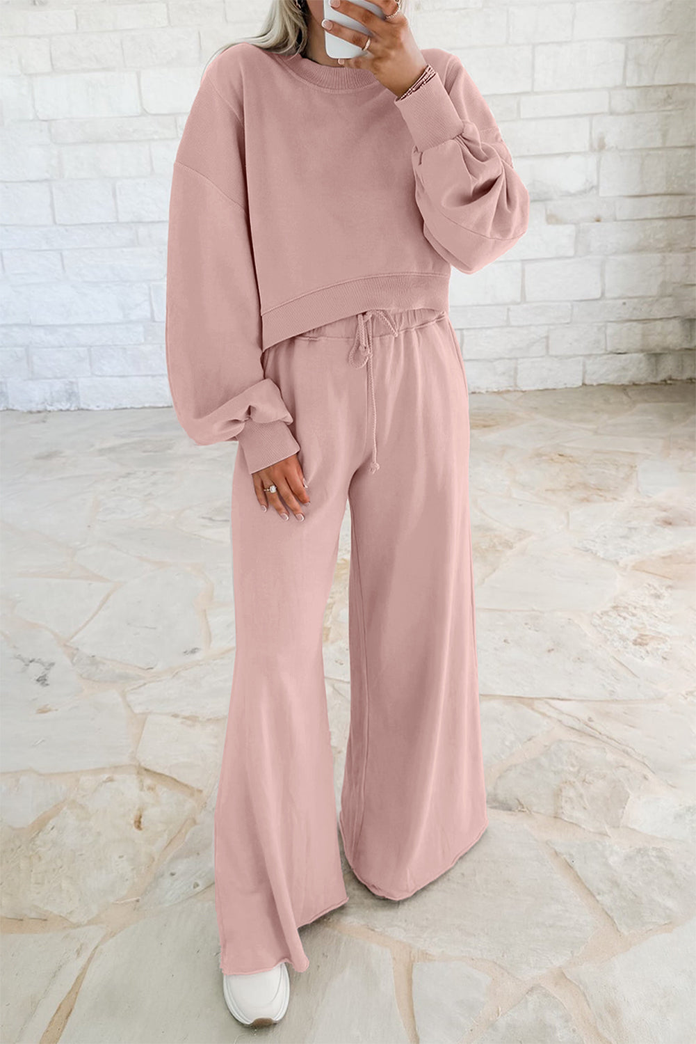 Yellow Cream Drop Shoulder Crop Pullover Drawstring Wide Leg Pants Set