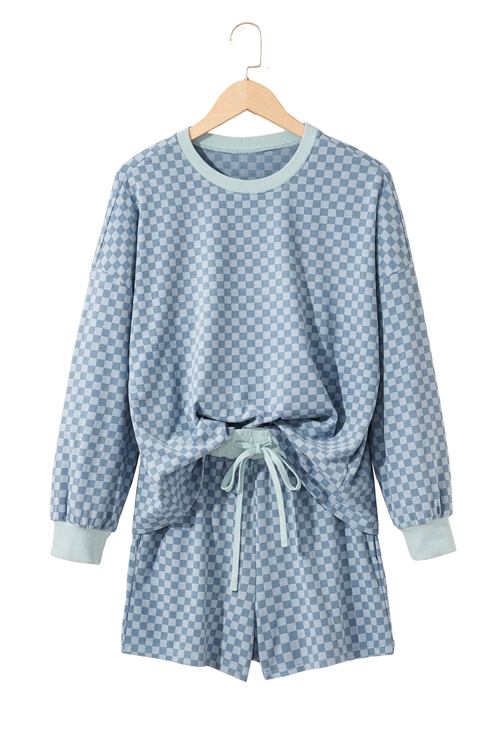 Brown Checkerboard Contrast Trim Long Sleeve Pullover and Shorts Set