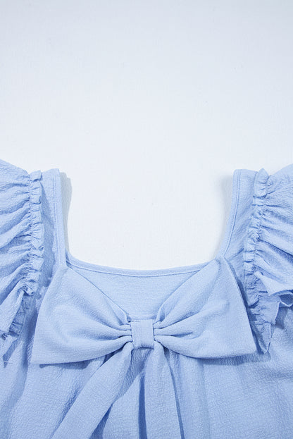 Gossamer Pink Textured Bow Frilled Ruffle Sleeve Blouse