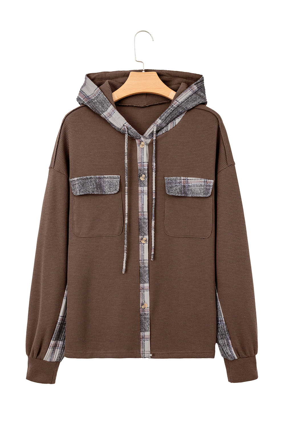 Brown Plaid Patchwork Button Down Drawstring Hooded Shacket