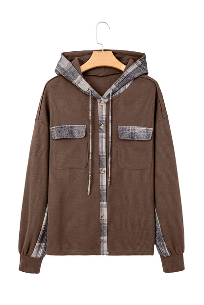 Brown Plaid Patchwork Button Down Drawstring Hooded Shacket
