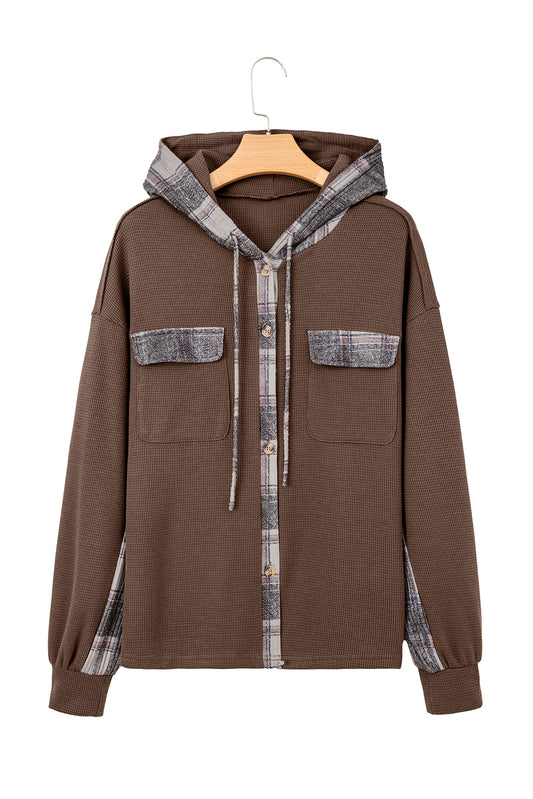 Brown Plaid Patchwork Button Down Drawstring Hooded Shacket