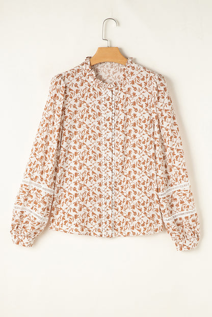Yellow Printed Floral Print Lace Detail Puff Sleeve Shirt