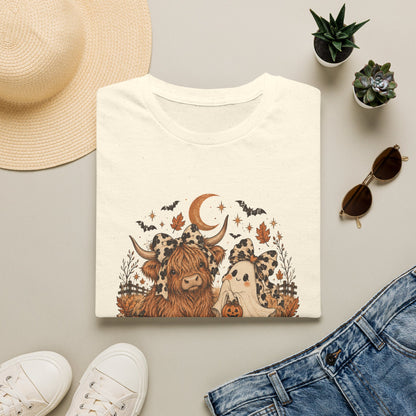 Halloween Highland Cow & Ghost T-Shirt — Cute Autumn Pumpkin Moon Design