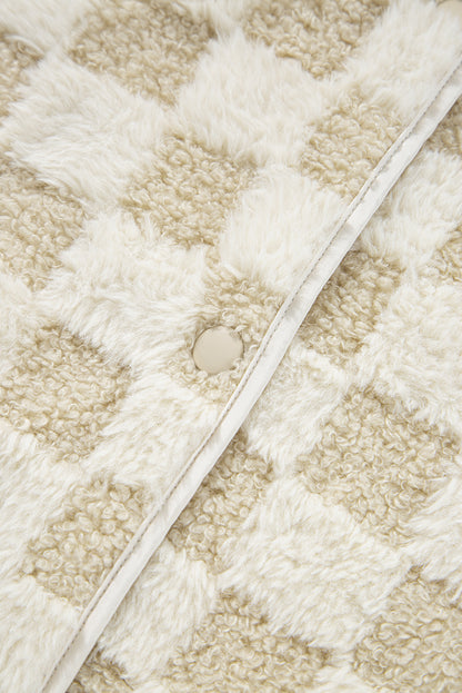 Khaki Sherpa Checkerboard Snap Button Vest Jacket