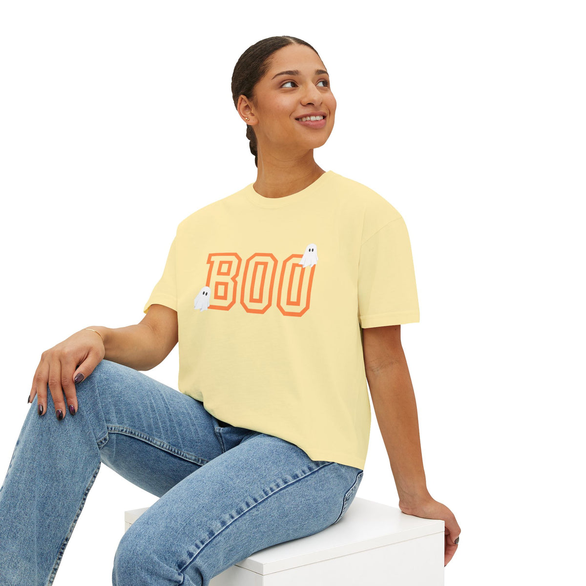 Halloween Ghost Women's Boxy Tee, Cute Halloween Shirt, Boo Tee, Spooky Casual Top, Fall Fashion Tee