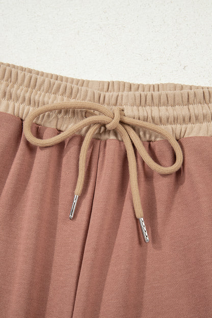 Khaki Color Block Long Sleeve Crop Top Drawstring Pant Set
