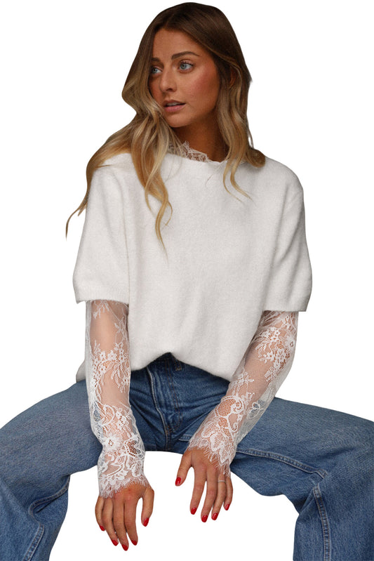 Beige Lace Sleeve Patchwork Faux Two-piece Fuzzy Sweater