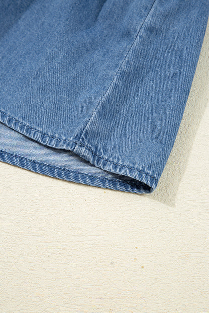 Dusk Blue Denim Lapel Neck Balloon Sleeve Tied Peplum Top