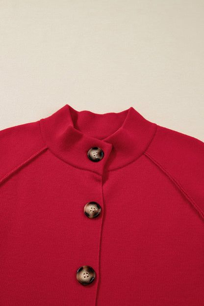 Fiery Red Solid Color Mock Collar Loose Jacket