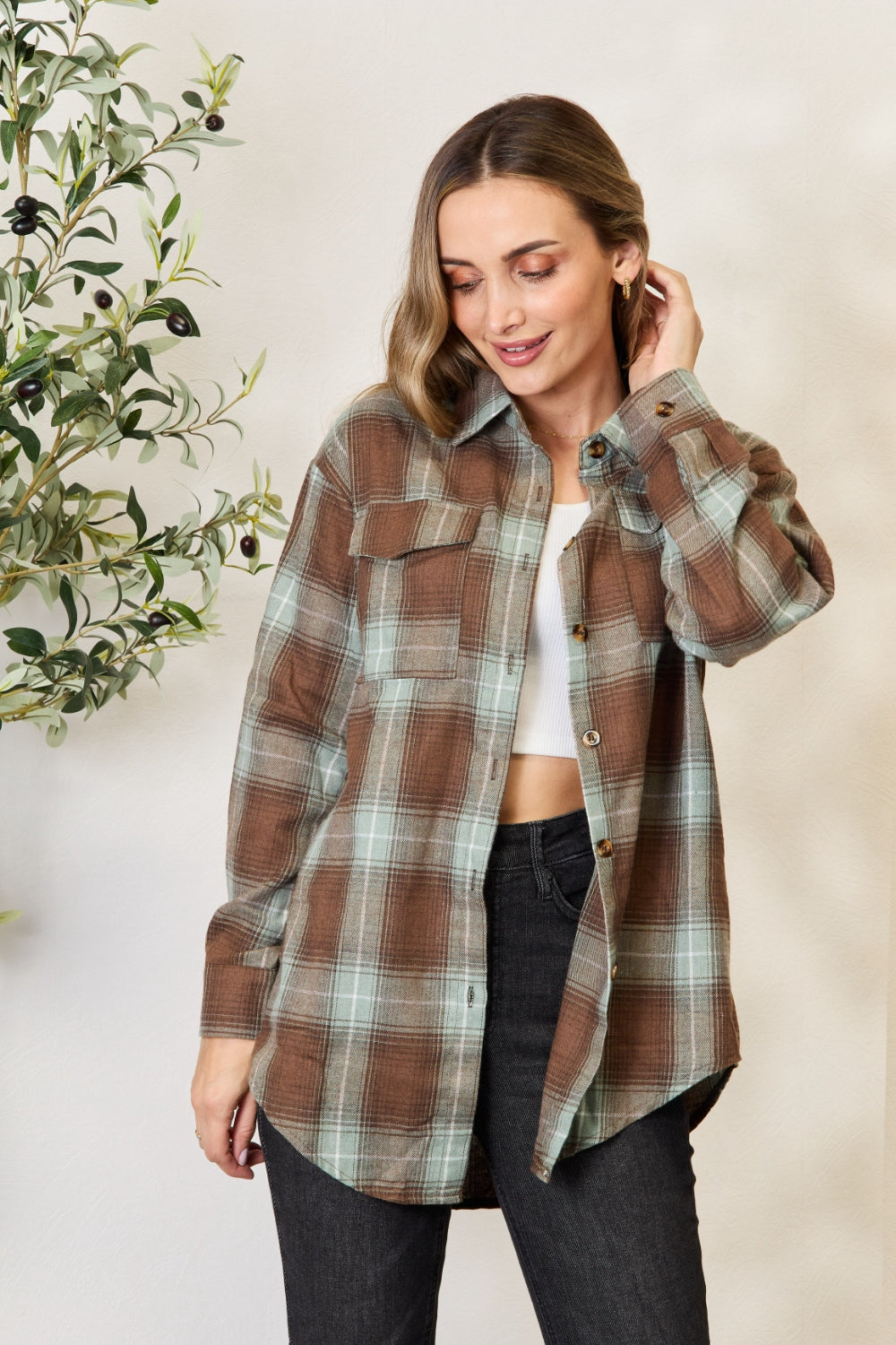 Double Take Plaid Dropped Shoulder Shirt