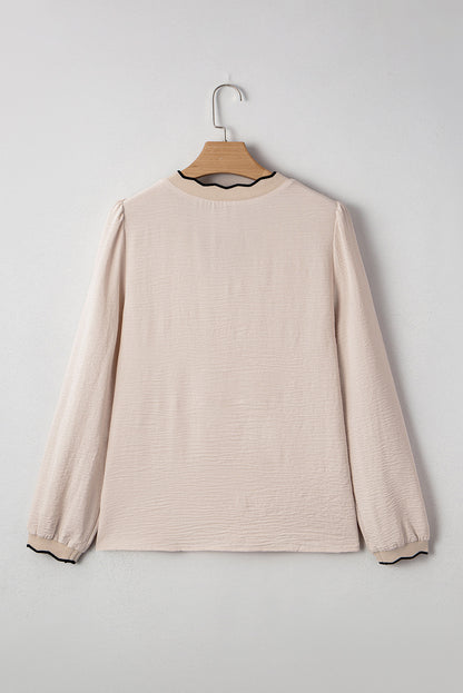 Jet Stream Contrast Scallop Trim V Neck Long Sleeve Top