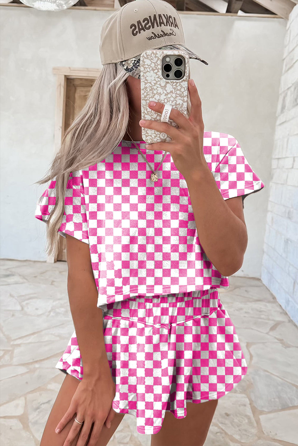 Brown Checkerboard T Shirt and High Waist Skort Set