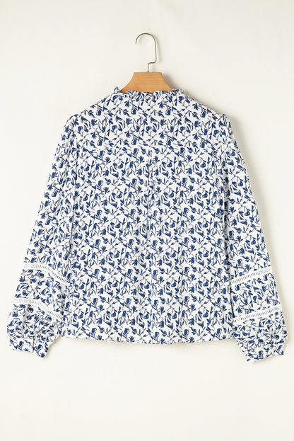 Yellow Printed Floral Print Lace Detail Puff Sleeve Shirt