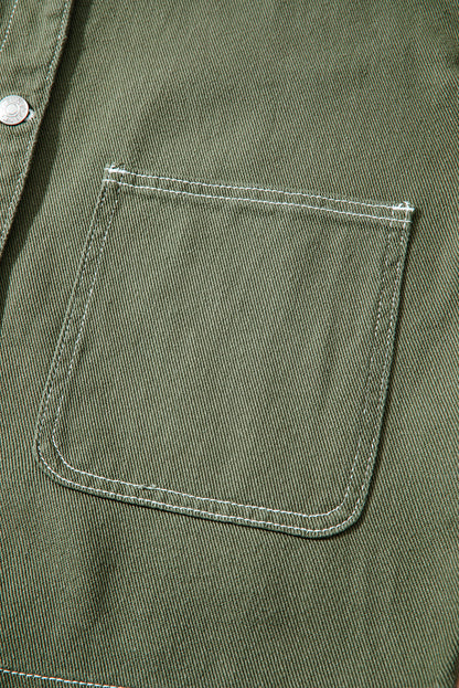 Smoke Green Pocket Collared Button Front Denim Jacket