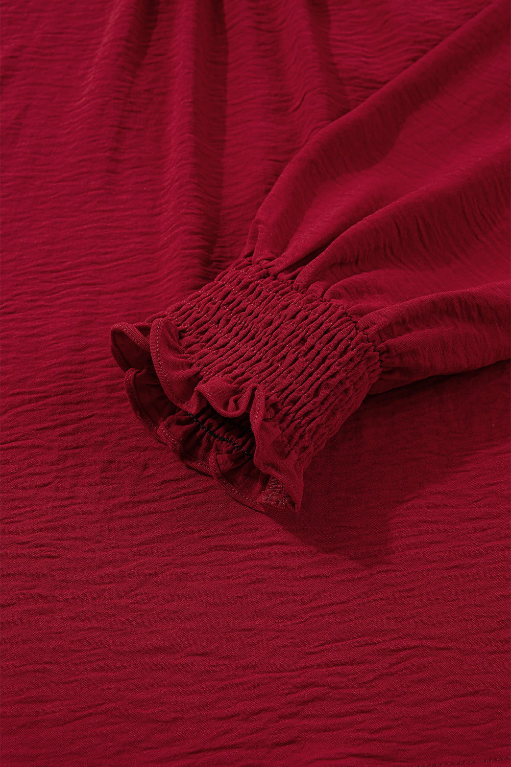 Burgundy Notched Neck Shirred Cuffs Long Sleeve Blouse