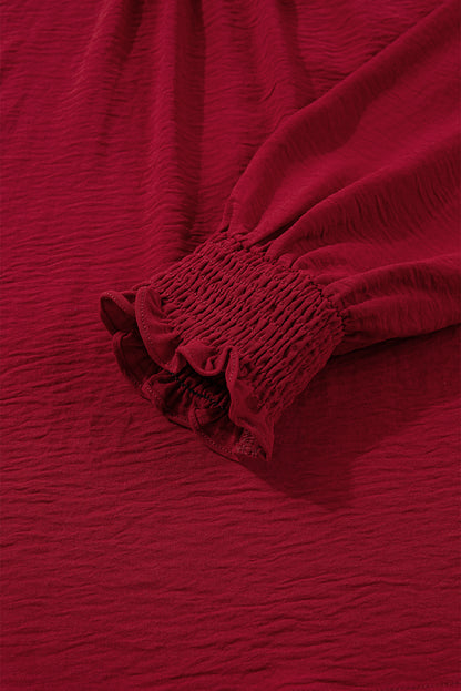 Burgundy Notched Neck Shirred Cuffs Long Sleeve Blouse