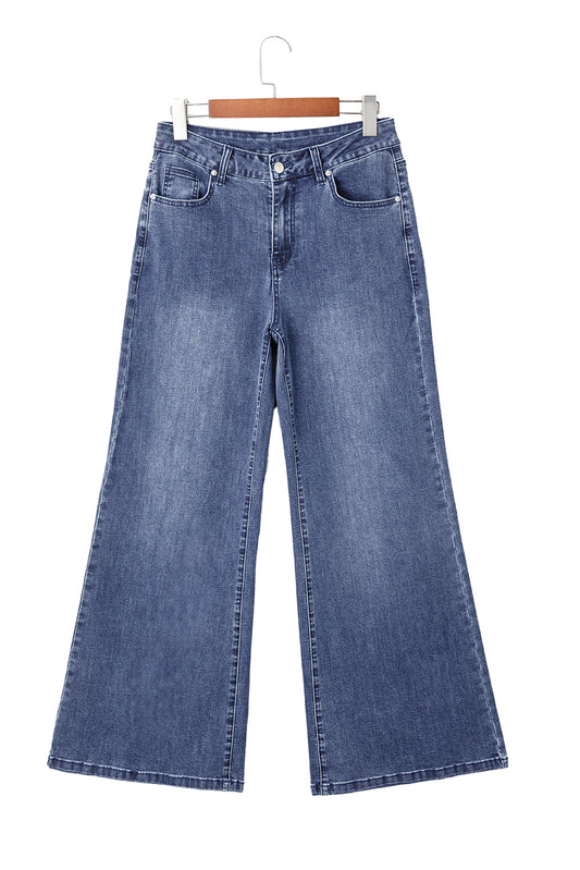 Dirty blue Button Zip High Waist Flared Hem Jeans