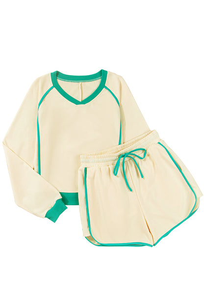 White Contrast Trim Colorblock Long Sleeve Pullover and Drawstring Shorts Set
