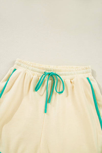 White Contrast Trim Colorblock Long Sleeve Pullover and Drawstring Shorts Set