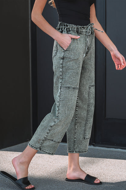 Smoke Gray Acid Wash Barrel Fit Denim Pants with Waist String