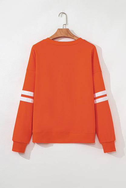 Coffee Preppy Striped Sleeve Loose Sweatshirt