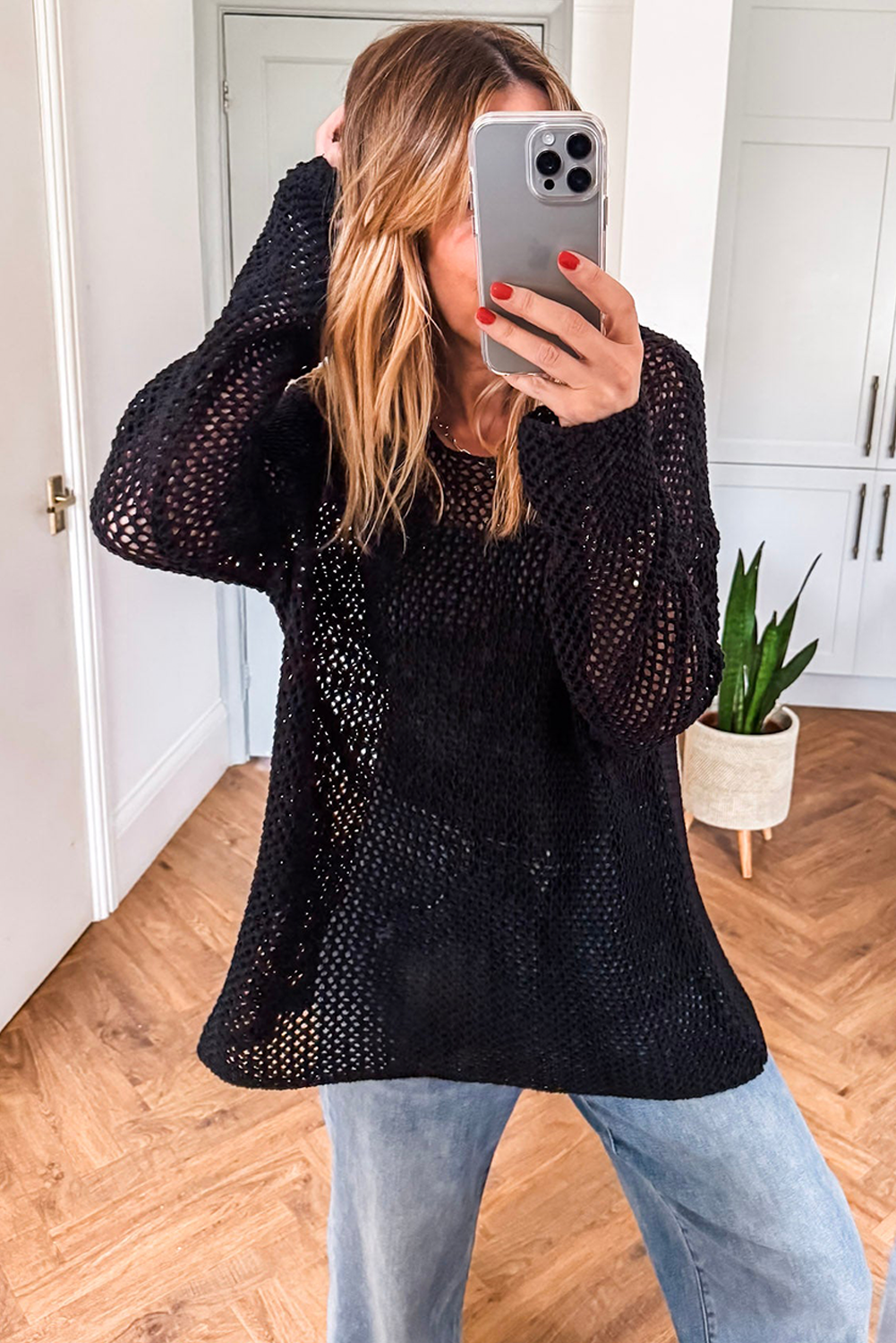 Coral Crochet Hollow-out Knit Sweater